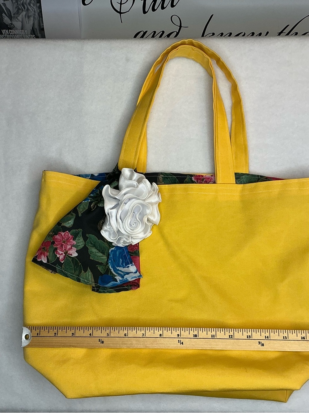 2034 - Handmade Sunny Yellow Canvas Tote with Floral Scarf and Rosette - Picture 15 of 16